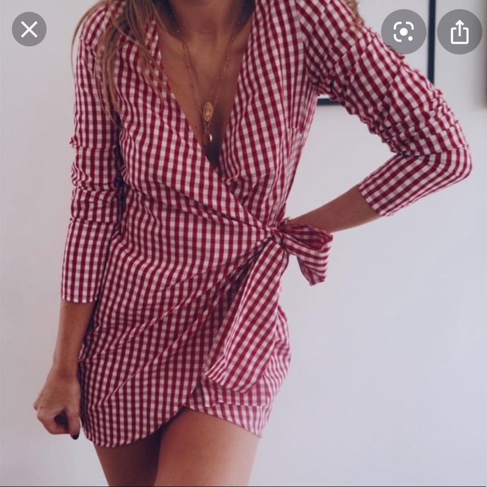 Gingham red wrap dress